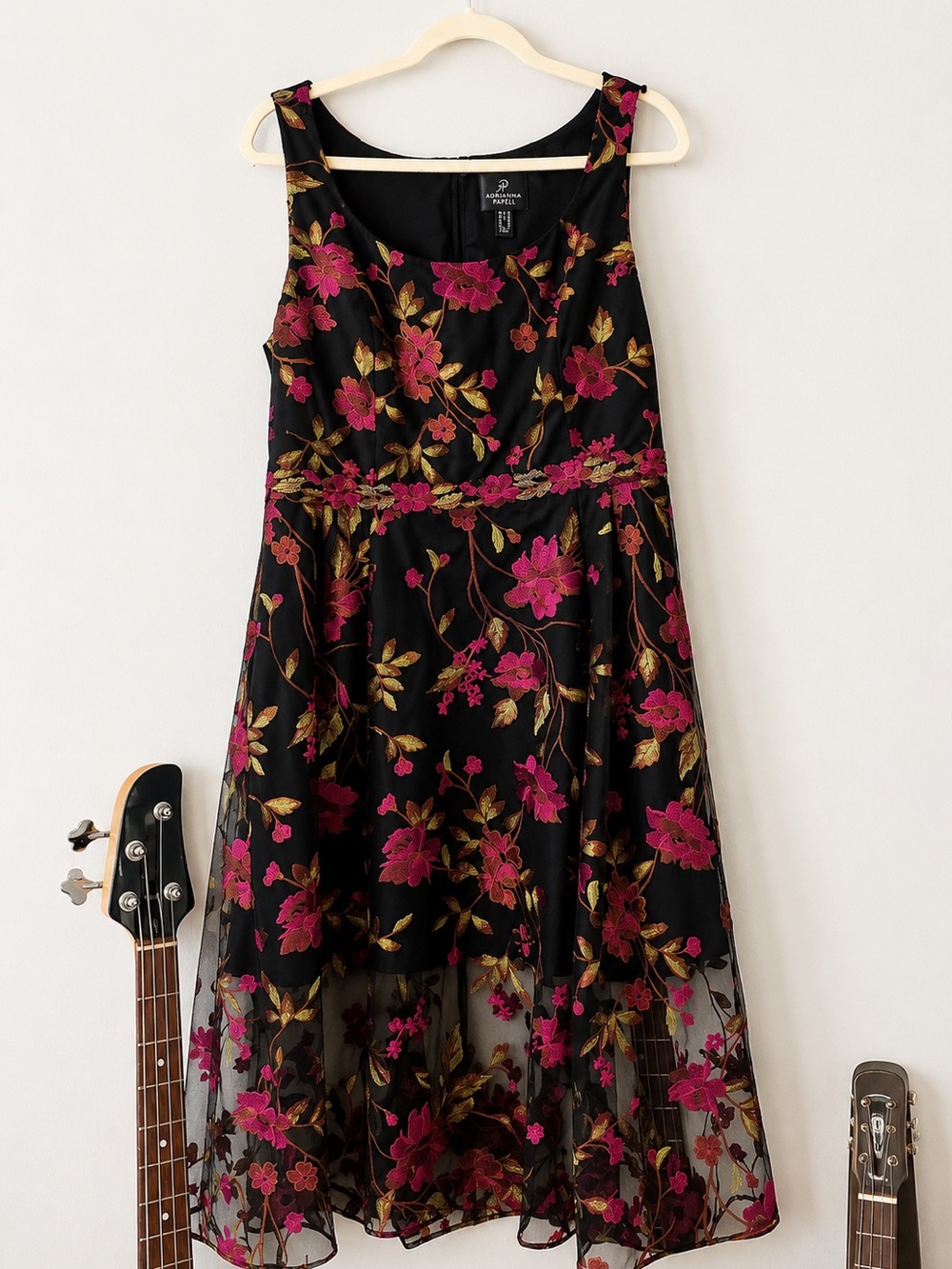 Adrianna Papell Embroidered Floral Midi Dress with Magenta Embroidery Sheer NWT - Picture 8 of 10